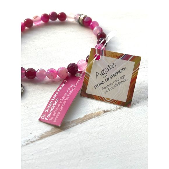 cfc Semi-Precious Agate Bright Pink Beaded Bracelet with Silver Tone Lotus Charm - Picture 4 of 5
